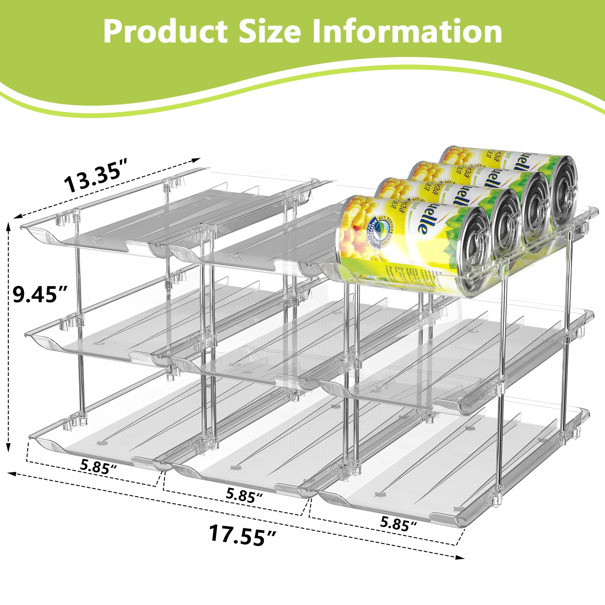 Automatic Rolling Can Organizer for Pantry & Fridge - Holds 36 Cans, Fits 5.8-Inch Soda Cans (Set of 9) - Space Saving Food Storage Rack for Kitchen Organization & Beverage Dispensing