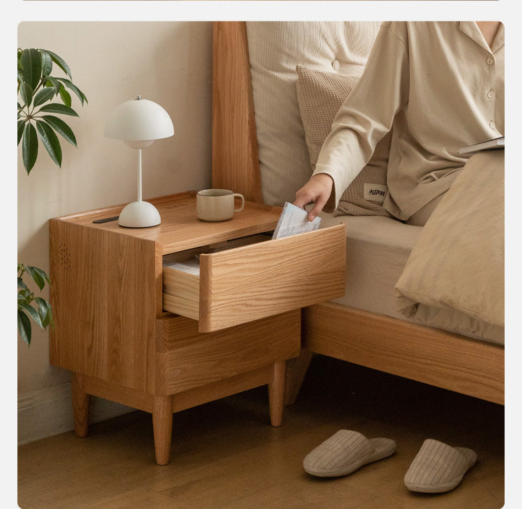 Oak Solid Wood Smart Nightstand with Wireless Charger, USB Ports & Built-in Lamp - Perfect for Bedroom, Living Room & Office