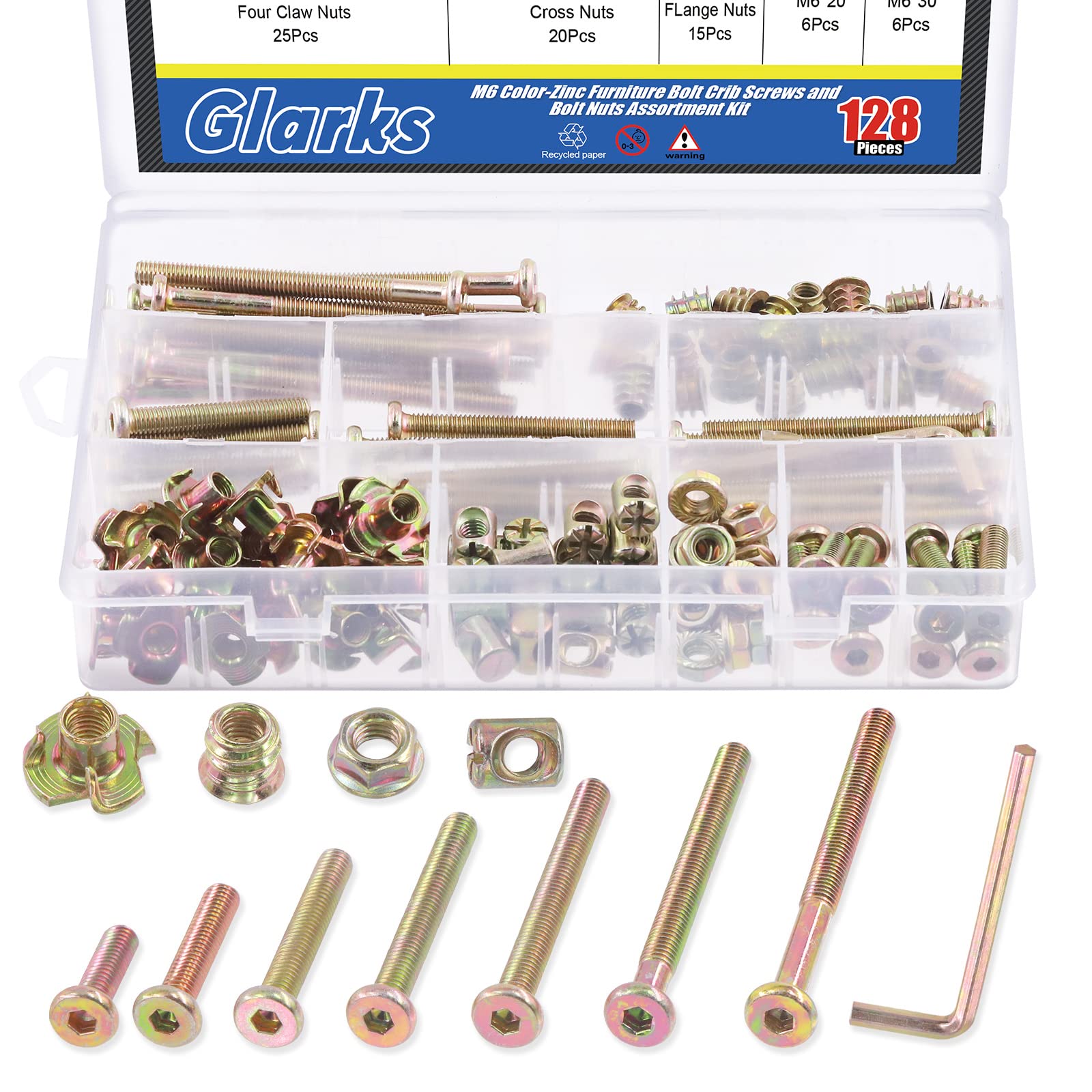 Glarks 128Pcs M6 Screws Kit with Nuts & Allen Wrench for Baby Crib & Wood Furniture Assembly