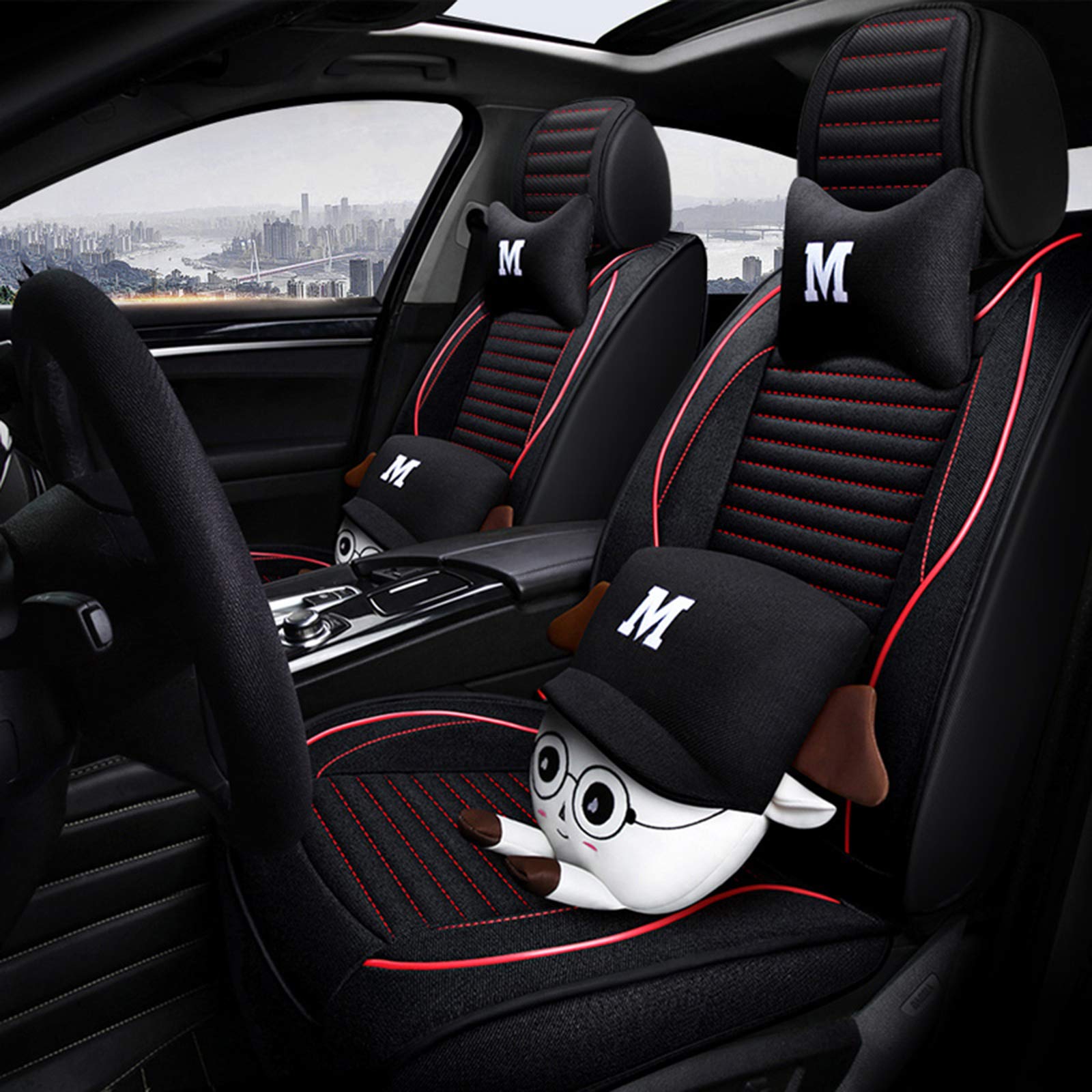 Breathable Linen Car Seat Covers Full Set - Universal Fit for Sedan, SUV & Truck | 5-Seat Design | 4 Seasons Use | Airbag Compatible | Premium Black Color | Perfect for Daily Commute, Road Trips & Family Travel