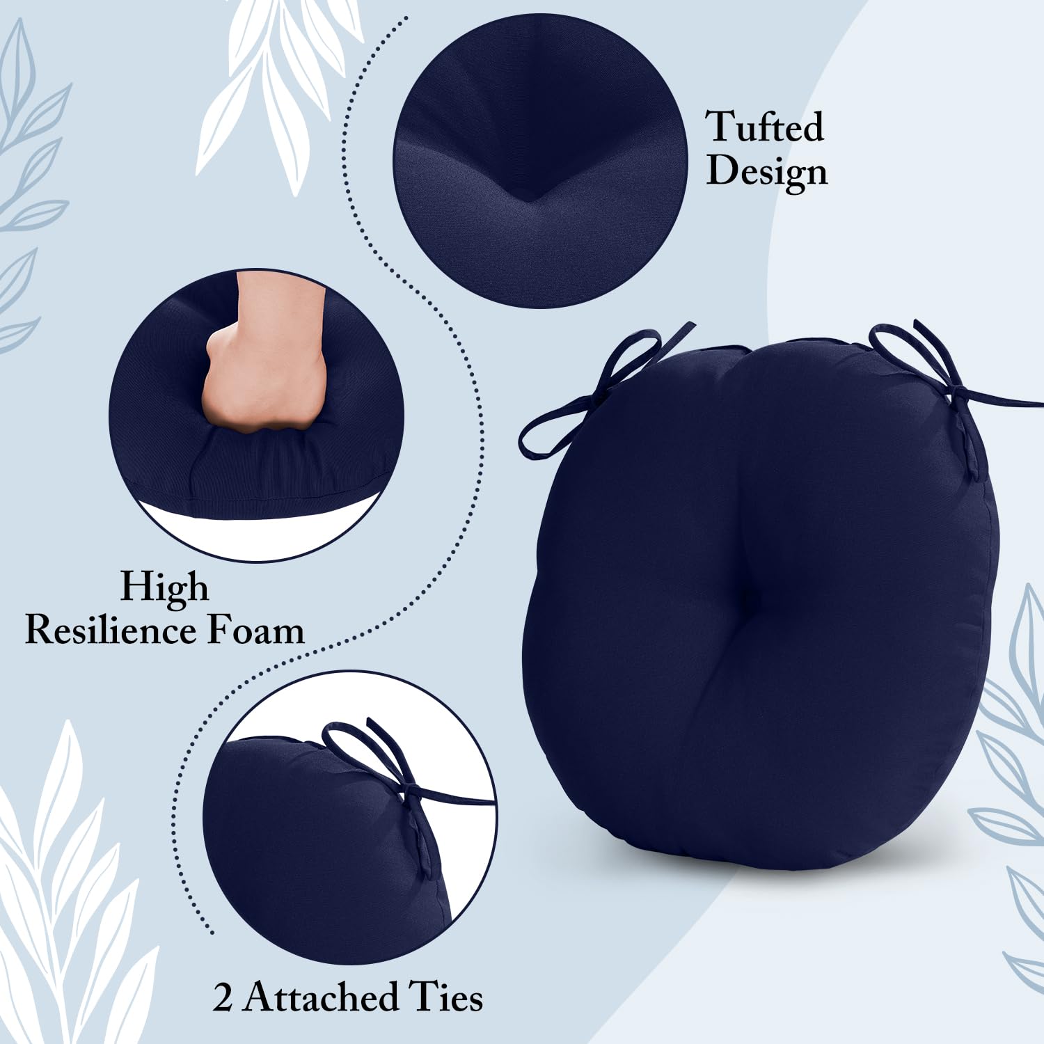 LOVTEX 15 Inch Round Outdoor Chair Cushions Set of 2 - Waterproof Bistro Seat Cushions with Ties for Patio Furniture, Navy Blue - Perfect for Garden, Deck, Poolside & Outdoor Dining