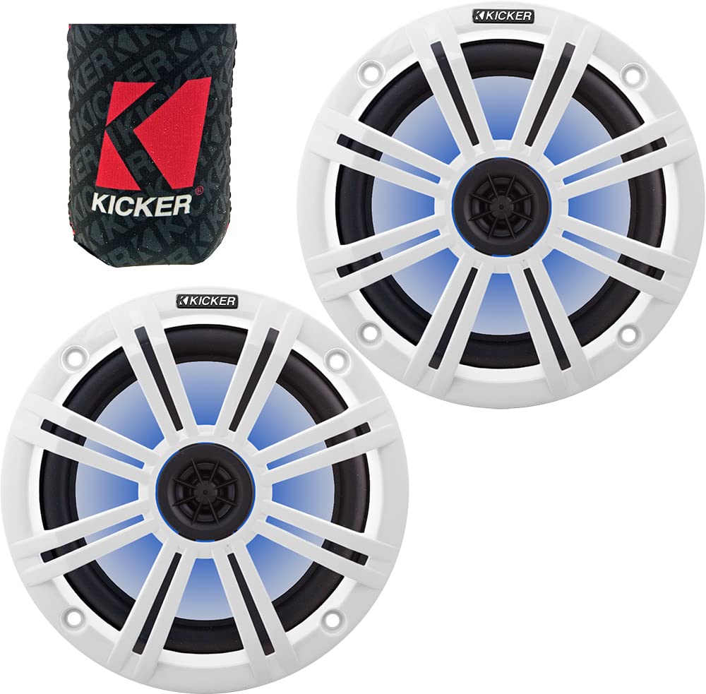 KICKER 8 Inch Marine Boat Speakers (Pair) - Waterproof 4-Ohm Coaxial Speakers with White Grille & LED Lights - OEM Replacement for Marine Audio Systems - Perfect for Pontoon Boats, Yachts & Outdoor Watercraft