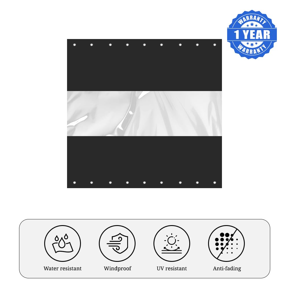 12 oz Vinyl Clear Outdoor Curtains for Patio - Waterproof & Weather Resistant with Brass Grommets - Perfect for Pergola, Porch, Gazebo, Balcony (7’H x 12’W, Black) - Ideal for Outdoor Dining, Poolside Privacy & Sun Protection