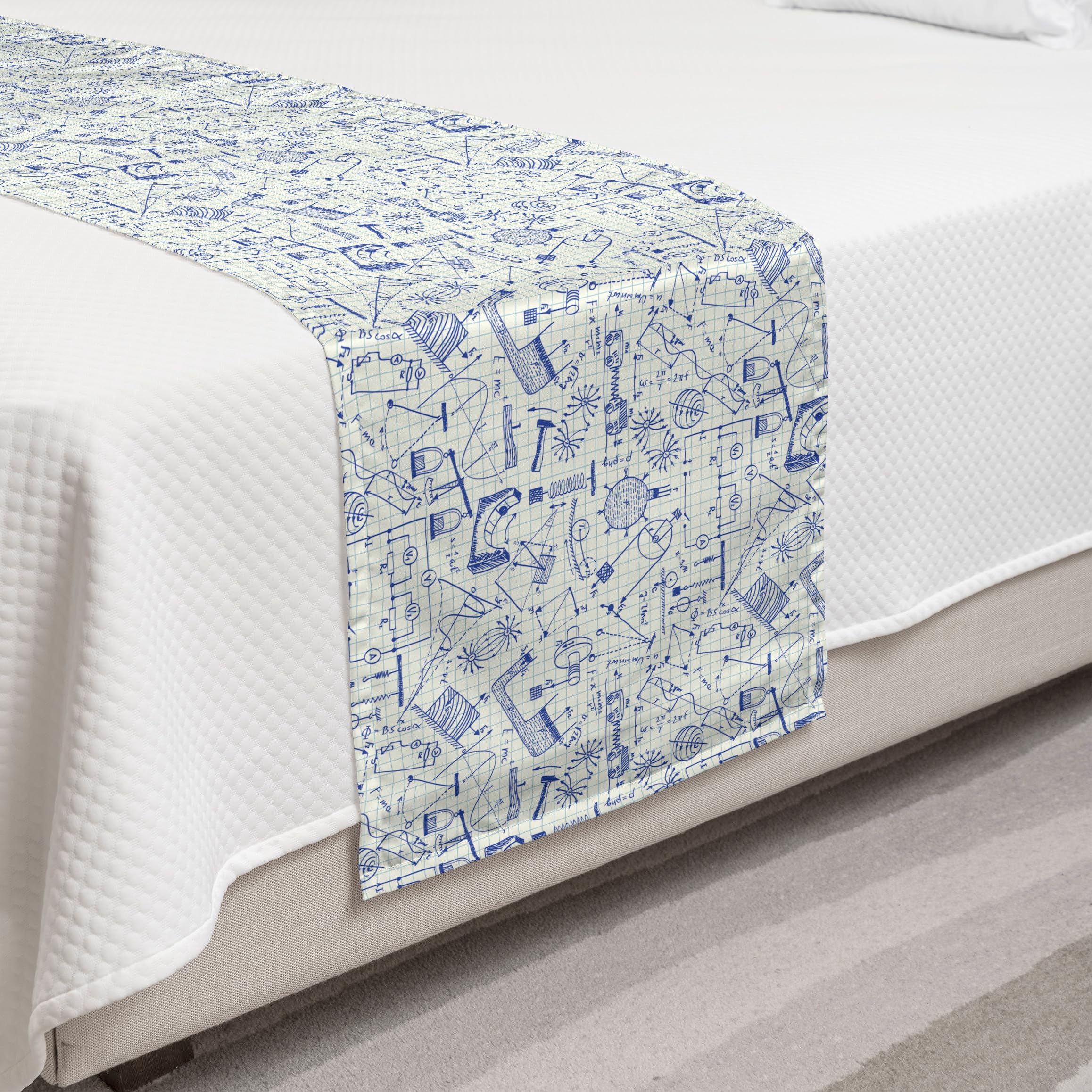 Ambesonne Physics Bed Runner - Technical Formula & Drawings on Notebook Paper Design | Decorative Bed Scarf for Twin Beds in Ivory & Indigo | Perfect for Home, Hotel & Guest Room Decor
