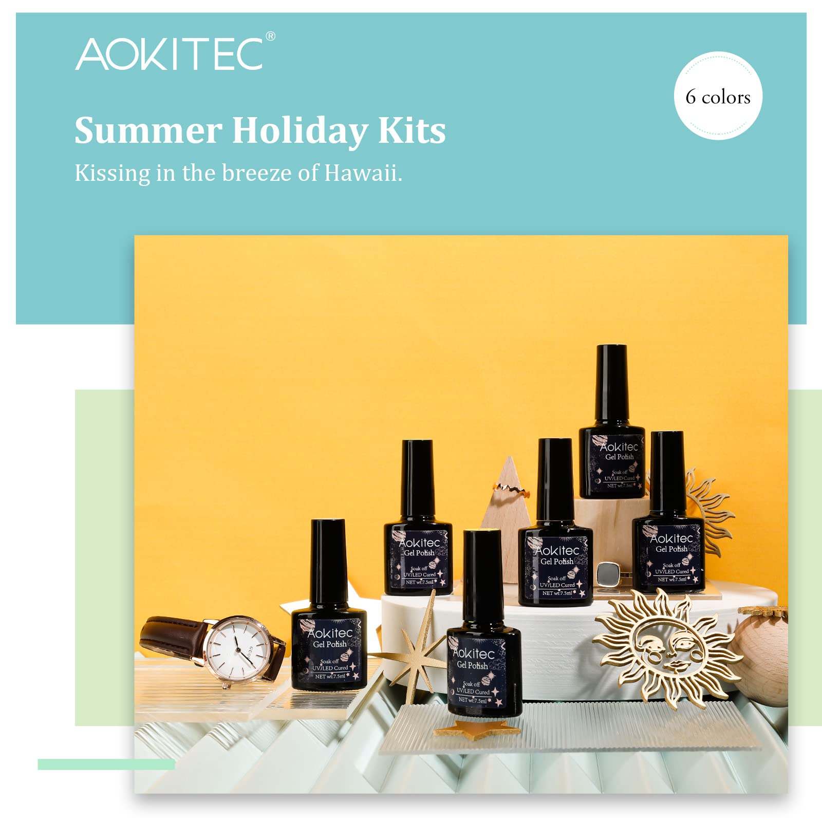 Aokitec 6 Color Gel Nail Polish Kit - 7.5ml Soak Off Nude, Blue, Purple, Red, Pink & Natural Skin Tone Gel Polish Set for DIY Manicure | Perfect for Home Use, Gifts for Women, Christmas & Special Occasions