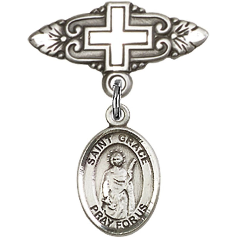 1 X 3/4 Inch Sterling Silver Baby Badge with St. Grace Charm & Cross Pin - Perfect for Christening, Baptism & First Communion Gifts