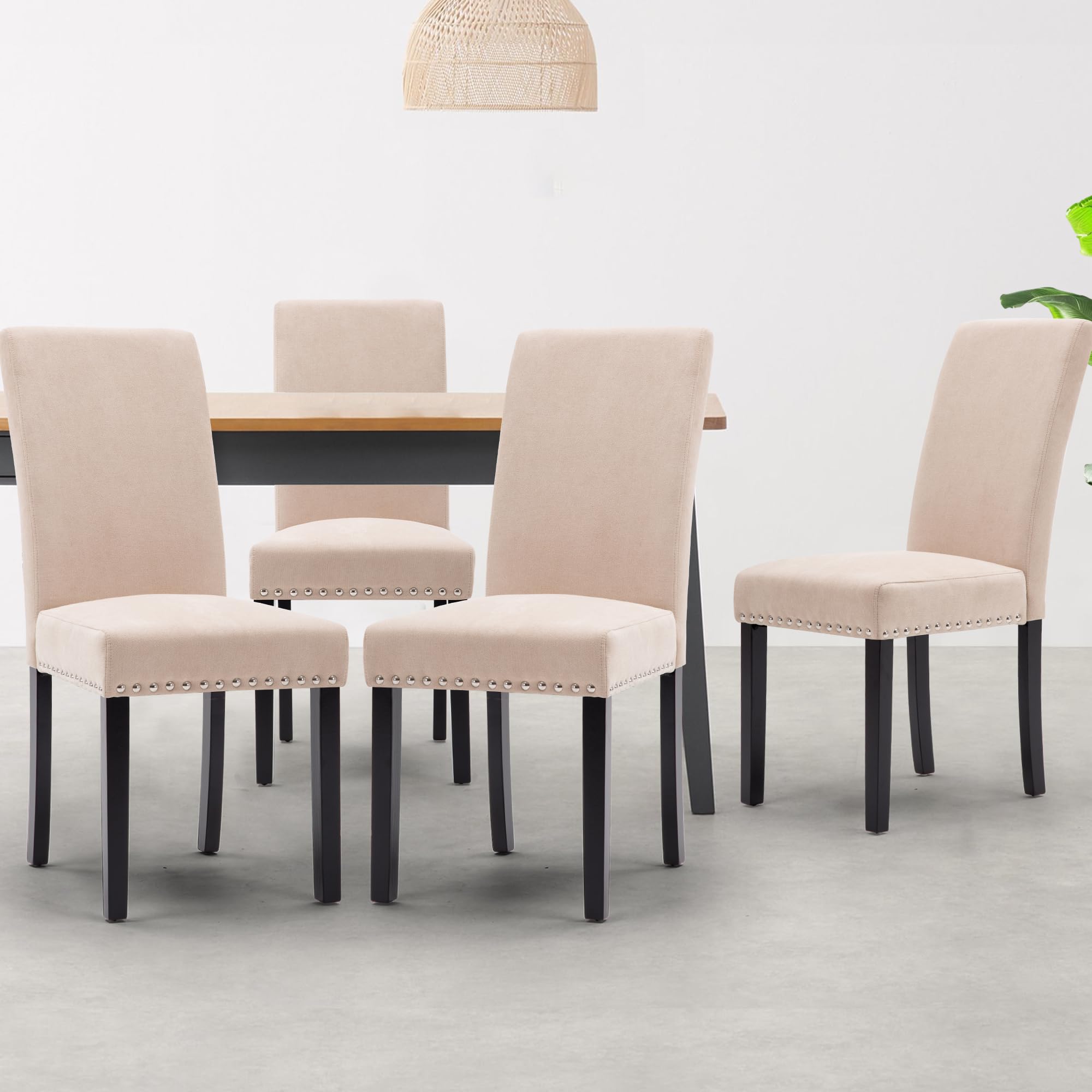 NOBPEINT 4-Piece Upholstered Fabric Dining Chairs Set with Copper Nails - Beige Modern Kitchen Chairs for Dining Room, Restaurant, and Home Decor