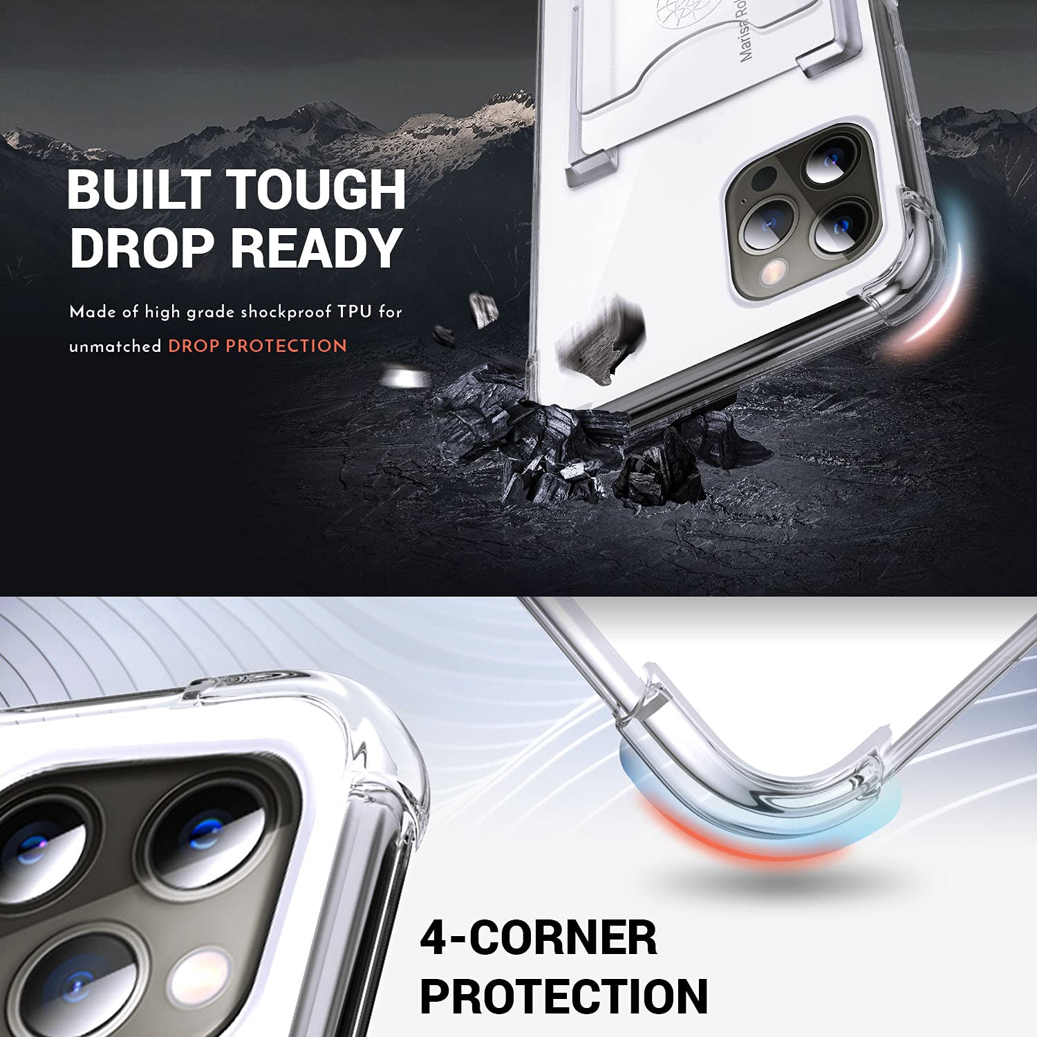 Shields Up iPhone 13 Pro Max Case (6.7 inch) - Slim Clear Protective Cover with Built-in Card Holder & Ring Kickstand | Drop Protection Minimalist Wallet Case for Apple iPhone 13 Pro Max | Perfect for Everyday Use, Travel, and Hands-Free Viewing