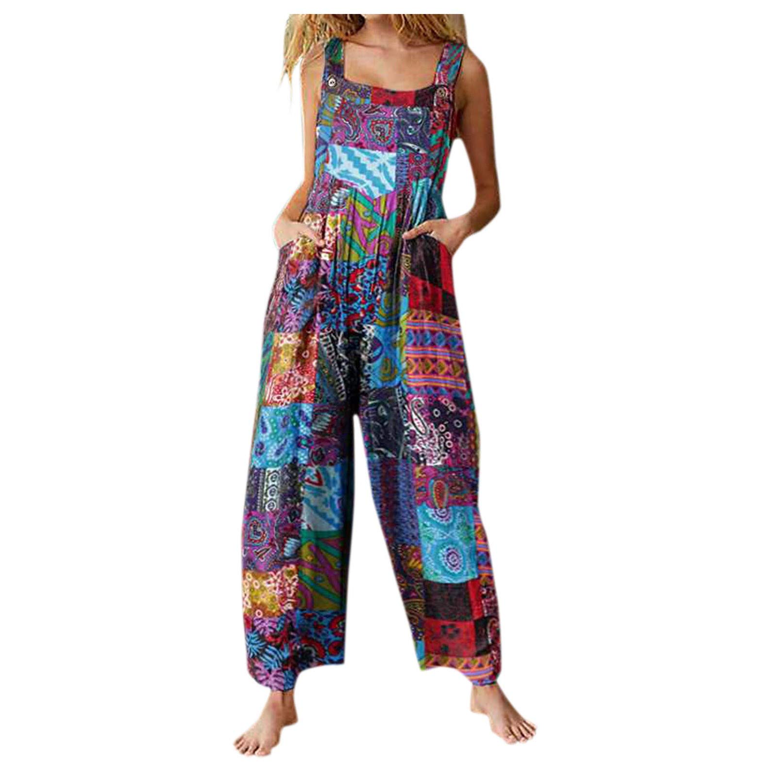 Vintage Floral Print Women's Jumpsuit with Wide Straps & Pockets - Purple (Size S) | Casual Outfit for Summer, Festivals & Boho Style Fashion