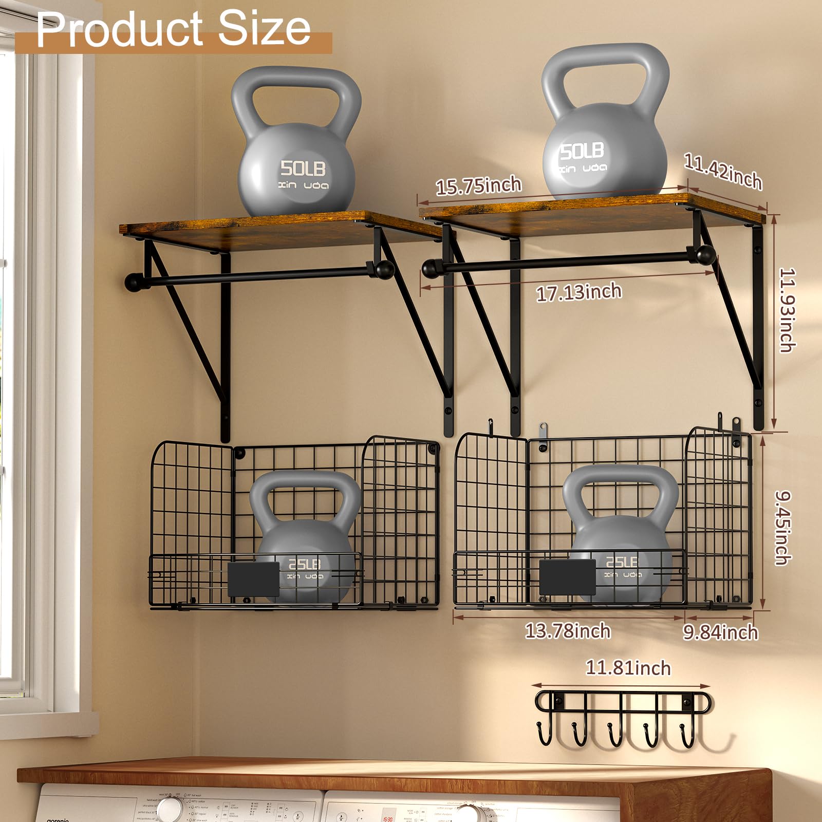 Wall Mounted Laundry Shelves with Wire Baskets - Wood & Metal Storage for Washer Dryer Area
