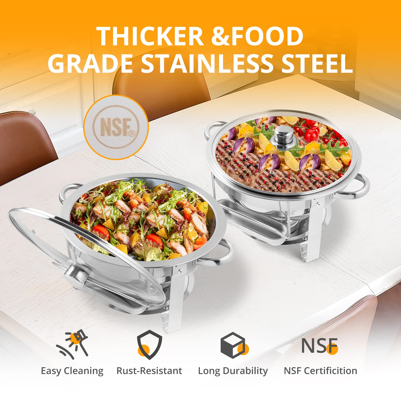 ROVSUN 5Qt 4-Pack Stainless Steel Chafing Dish Buffet Set - NSF Certified Round Food Warmers for Catering, Weddings & Banquets - Includes Glass Lids & Holder with Sturdy Stand Frame - Perfect for Buffet Serving, Party Events & Food Warming Stations