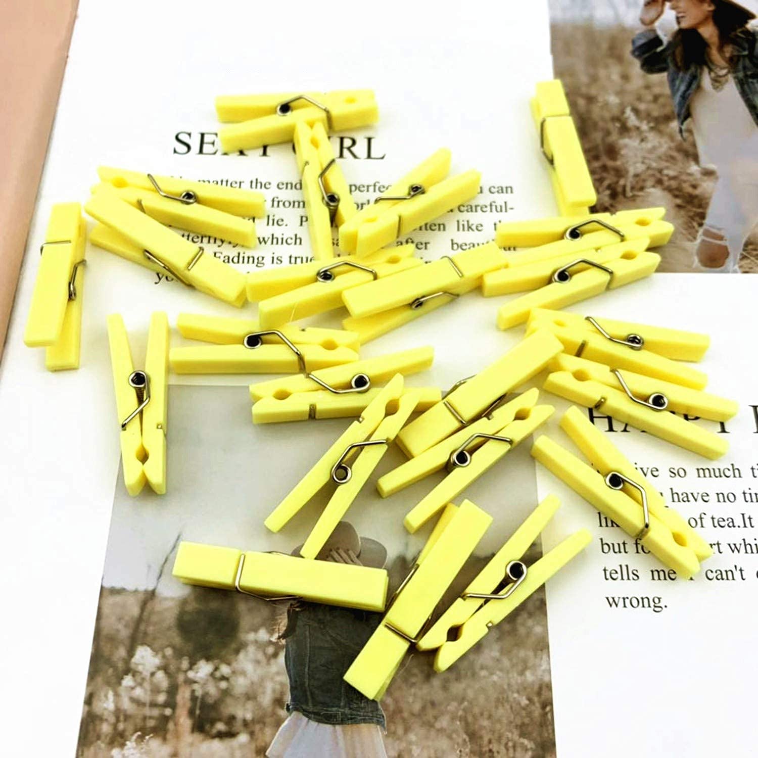 50-Pack Small Transparent Plastic Clothespins - 1.4 x 0.25 Inch Mini Clips for Clothesline, Photos, DIY Crafts & Baby Showers - Multipurpose Hanging Clips for Home, Office & Party Decor (Yellow)
