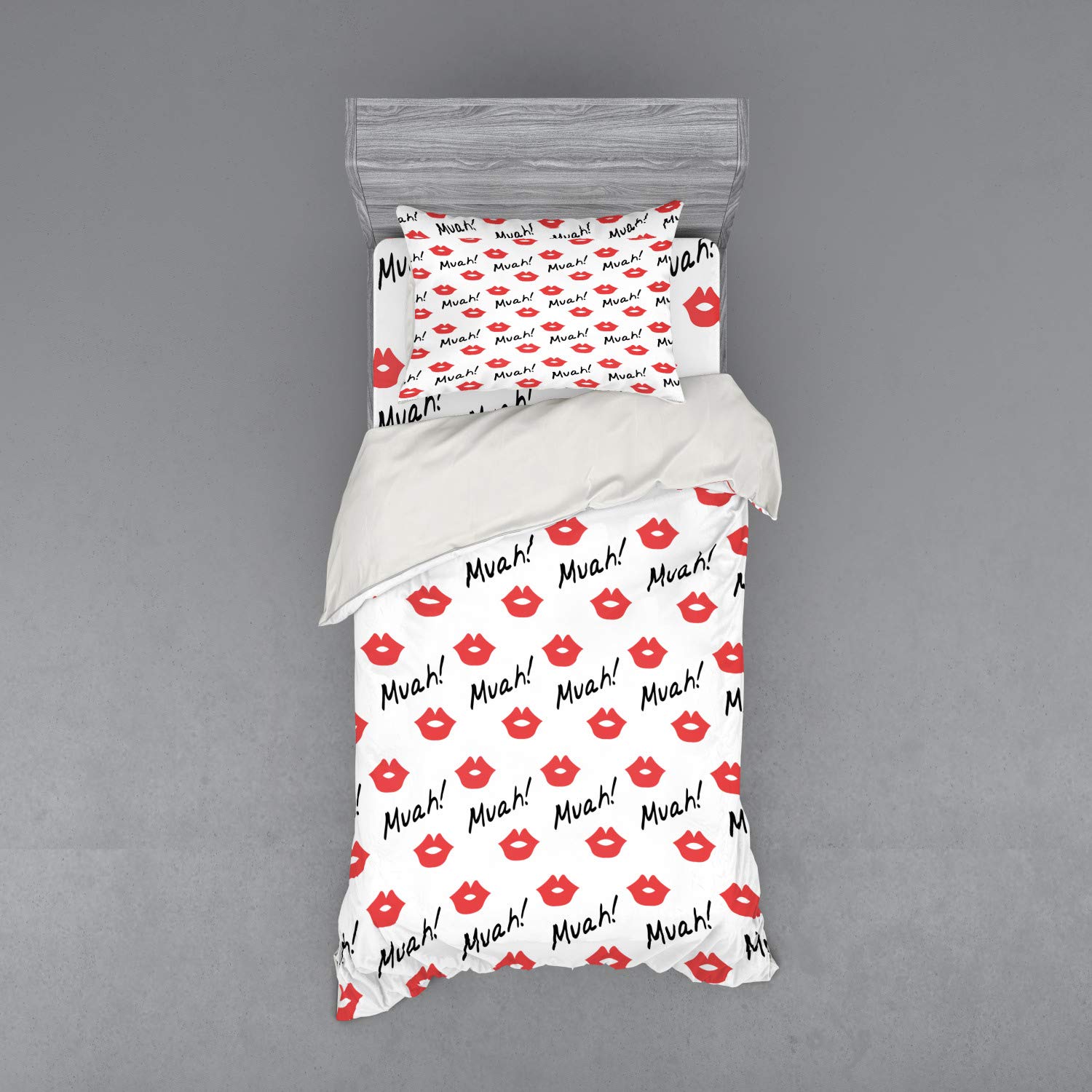 Ambesonne Romantic Red Lips Kiss Marks Bedding Set - 3 Piece Duvet Cover with Sham & Fitted Sheet, Twin XL Size, Vermilion White - Perfect for Valentine's Day, Anniversary Gifts & Feminine Bedroom Decor