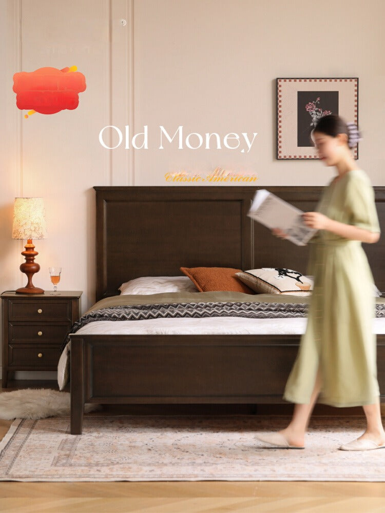 Solid Poplar Wood Bed - Modern American Retro High Back Bed Frame for Bedroom, Guest Room & Master Suite