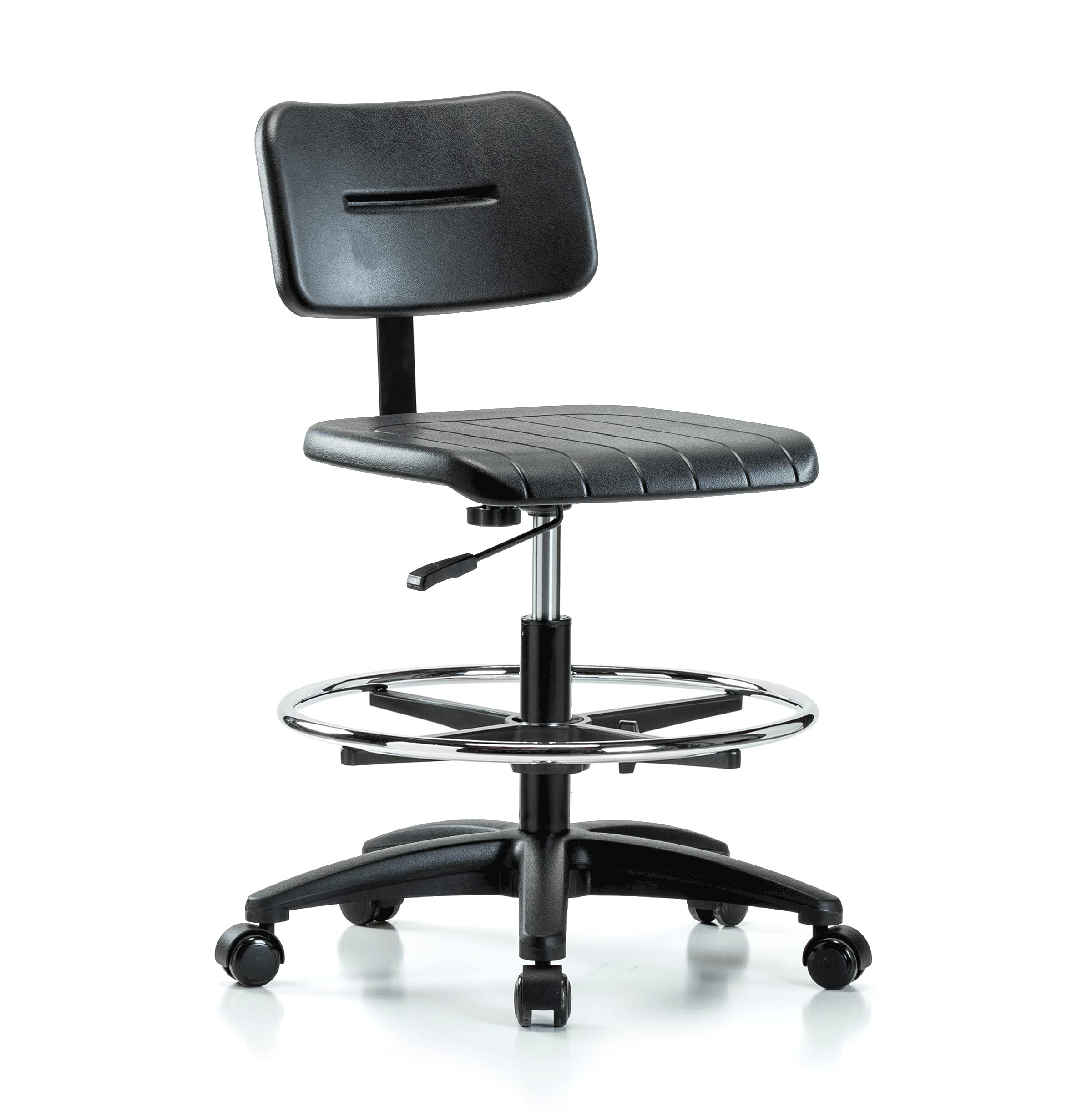 Perch Industrial Work Chair with Footrest & Casters for Hardwood/Tile Floors - Adjustable Workbench Height Stool for Garage, Workshop & Factory Use
