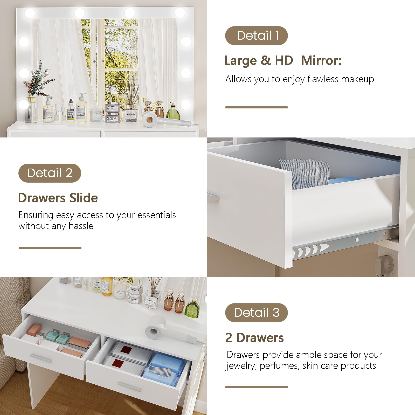 USIKEY White Makeup Vanity Desk with Large LED Lighted Mirror - 10 Lights, 2 Storage Drawers & Built-in Power Strip - Dressing Table for Women & Girls - Perfect for Bedroom, Home Decor & Beauty Routine