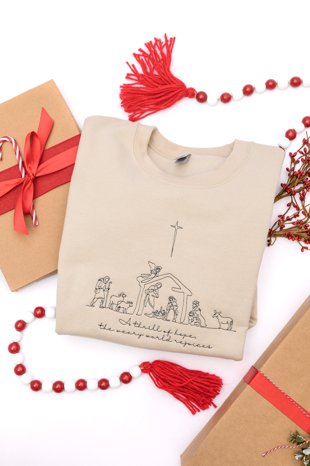 PREORDER: A Thrill of Hope Embroidered Nativity Sweatshirt - Christmas Religious Apparel for Women, Holiday Church Outfit, Cozy Winter Pullover for Family Gatherings & Advent Celebrations