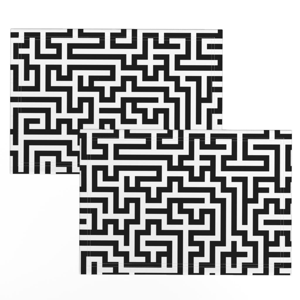 Spoonflower Linen Cotton Canvas Placemats Set of 2 - Black White Maze Puzzle Geometric Monochrome Modern Print Table Mats for Dining Room, Kitchen Decor & Dinner Party Accessories