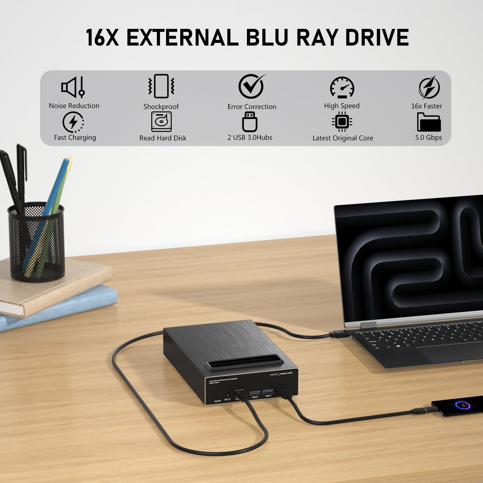 4-in-1 External Blu-ray Drive with USB 3.0 & Type-C - 16x BD/DVD/CD Burner & Reader with Fast Charging & HDD Enclosure - Compatible with Mac & PC - Perfect for Home Theater, Office Work & Media Backup