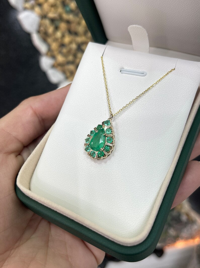 2.68tcw 14K Gold Colombian Emerald Pear & Round Cut Multi Gemstone Prong Pendant Necklace for Women - Elegant Jewelry Gift for Birthday, Anniversary & Special Occasions
