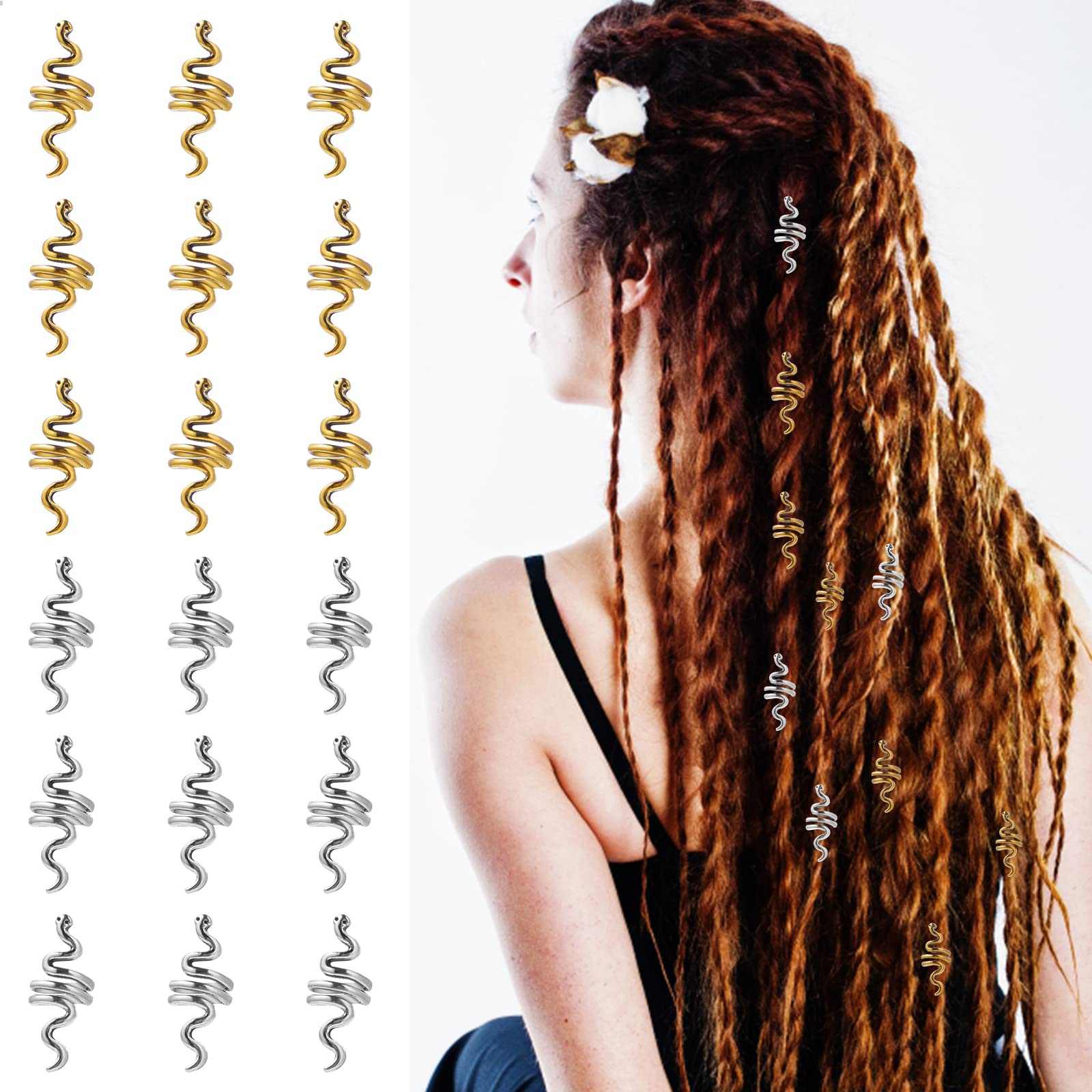 18-Piece Celtic Snake Braid Hair Clips - Gold & Silver Metal Hair Cuffs for Dreadlocks, Braids & Boho Hairstyles - Women's Hair Jewelry Accessories for Parties, Weddings & Valentine's Day Gifts