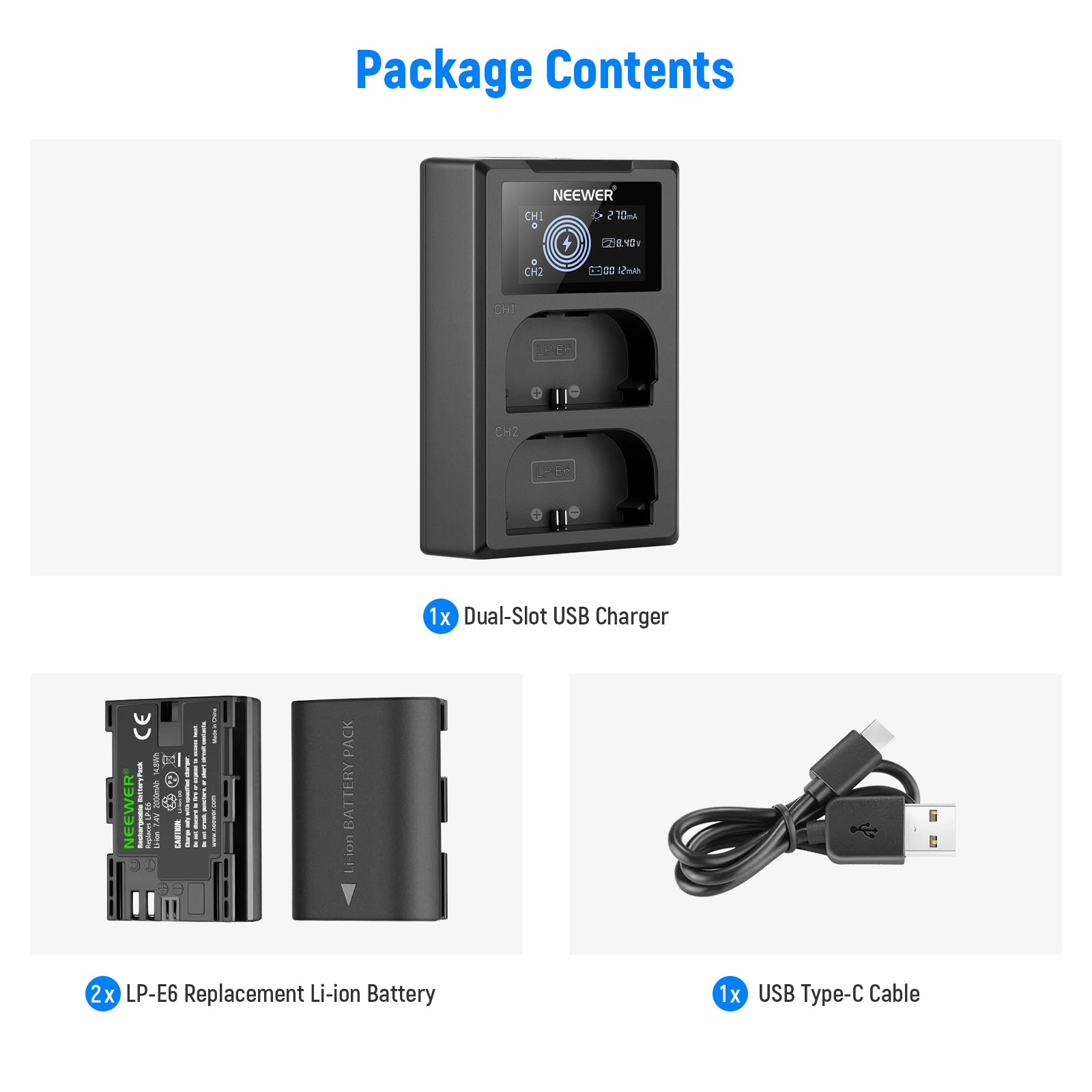 NEEWER 2 Pack LP-E6 2000mAh Replacement Battery & Charger Set for Canon DSLR Cameras - Perfect for Travel, Photography & Extended Shooting Sessions
