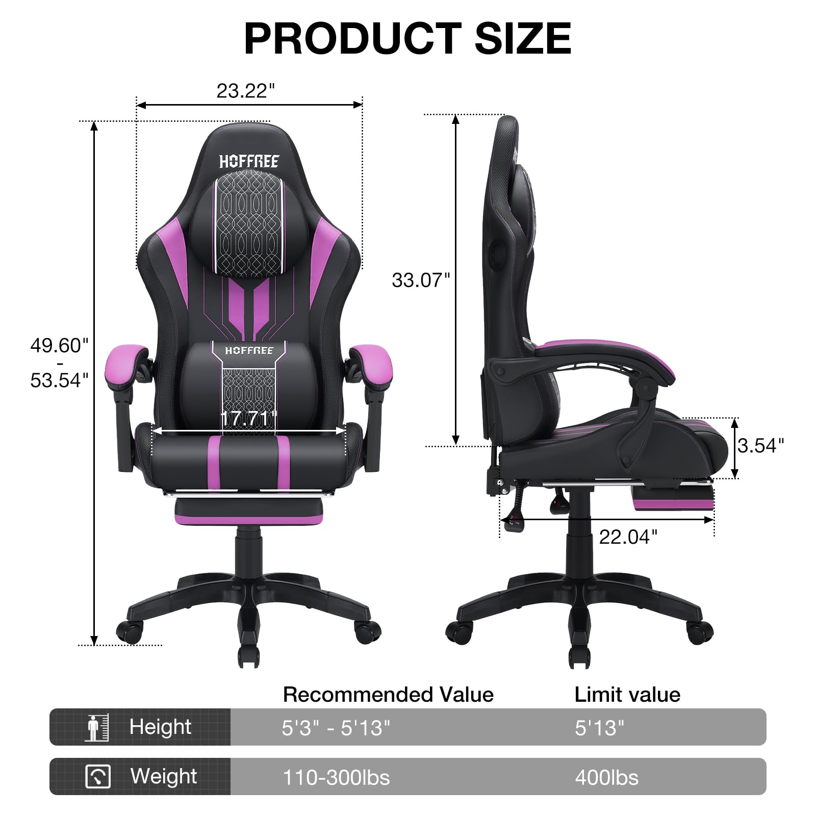 HOFFREE Big and Tall Gaming Chair with Bluetooth Speakers, Massage, Footrest - 400lbs Capacity Reclining High Back Office Computer Desk Chair (Purple & Black) - Perfect for Gaming, Work, and Home Office Use