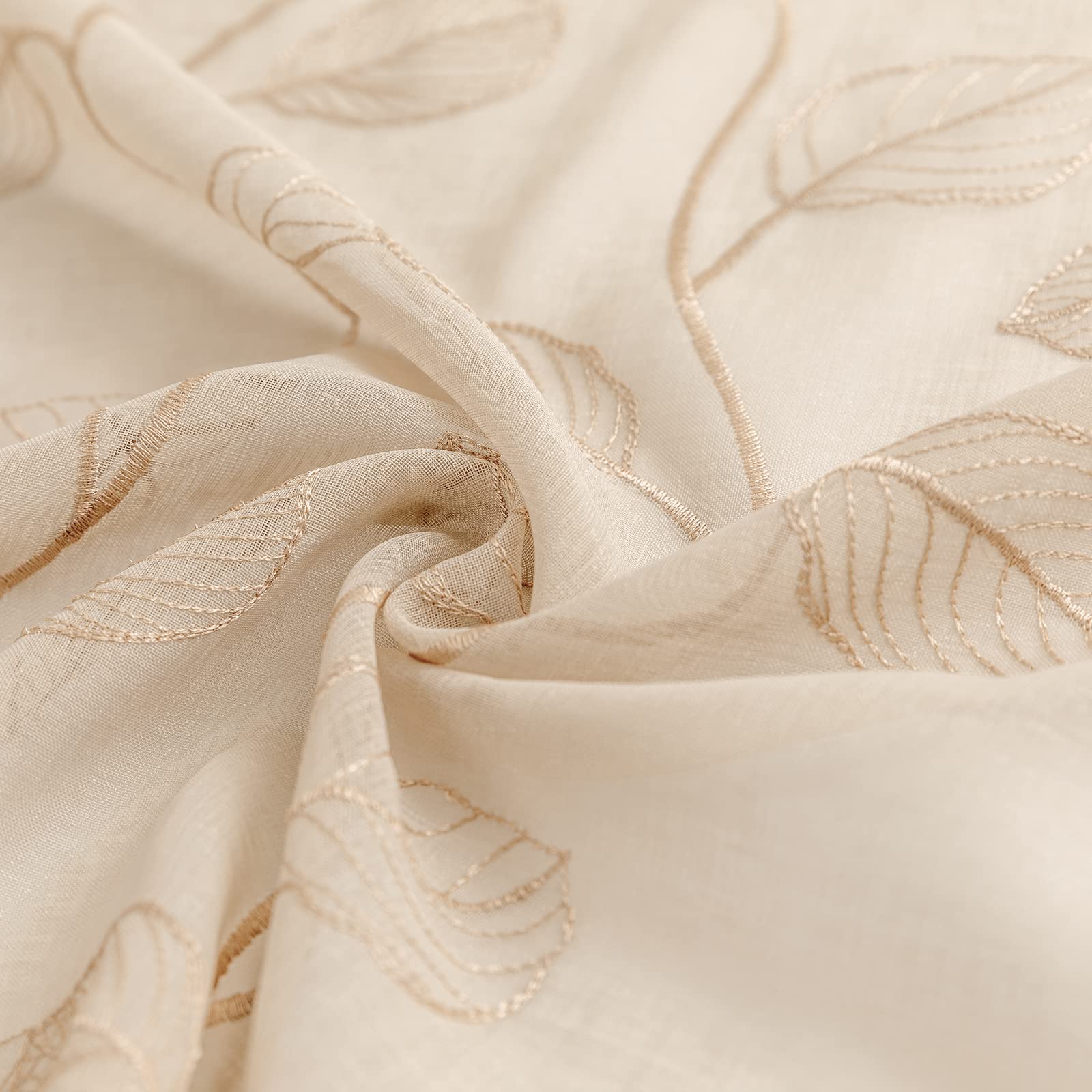 Beige Sheer Kitchen Curtains with Leaf Embroidery - Voile Tiered Window Panels for RV, Camper, Farmhouse, Bathroom & Basement - 36 Inch Rod Pocket, 2 Panels - Perfect for Small Windows, French Doors & Cozy Home Decor
