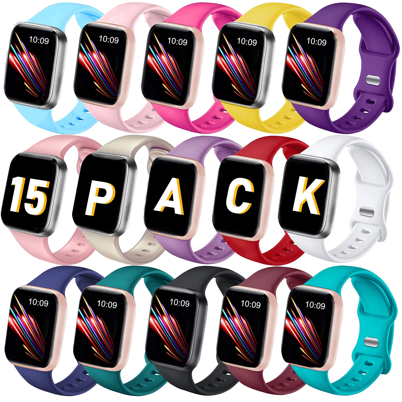 15 Pack Soft Silicone Sport Replacement Bands for Apple Watch 38mm 40mm 41mm 42mm 44mm 45mm 49mm - Compatible with iWatch Series Ultra 8/7/6/5/4/3/2/1/SE - Unisex Strap Wristbands for Men & Women - Perfect for Workouts, Running, Swimming & Everyday Wear