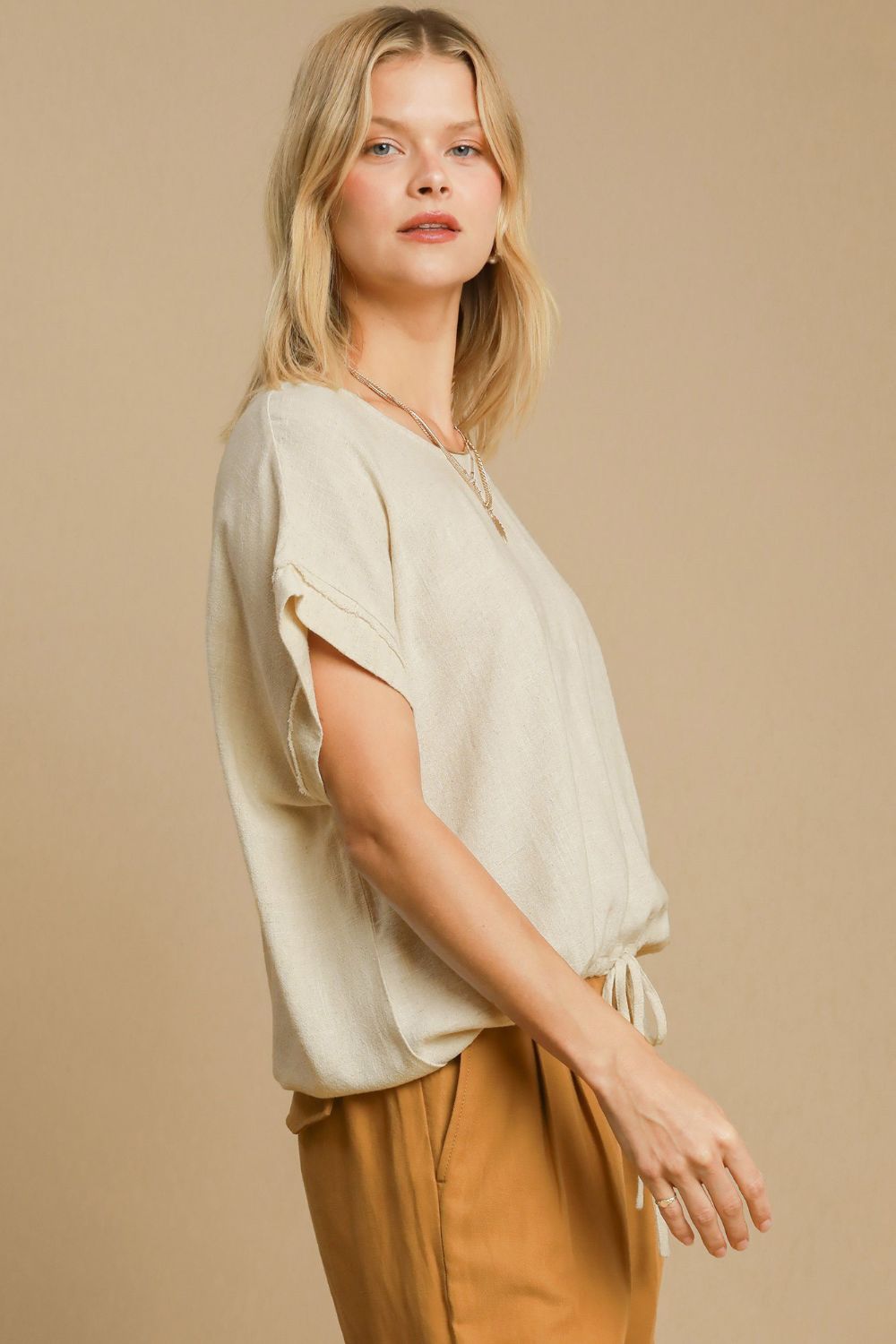 Stylish Round Neck Short Sleeve Drawstring Hem T-Shirt for Women - Perfect for Beach Vacation, Summer Outfits & Casual Wear