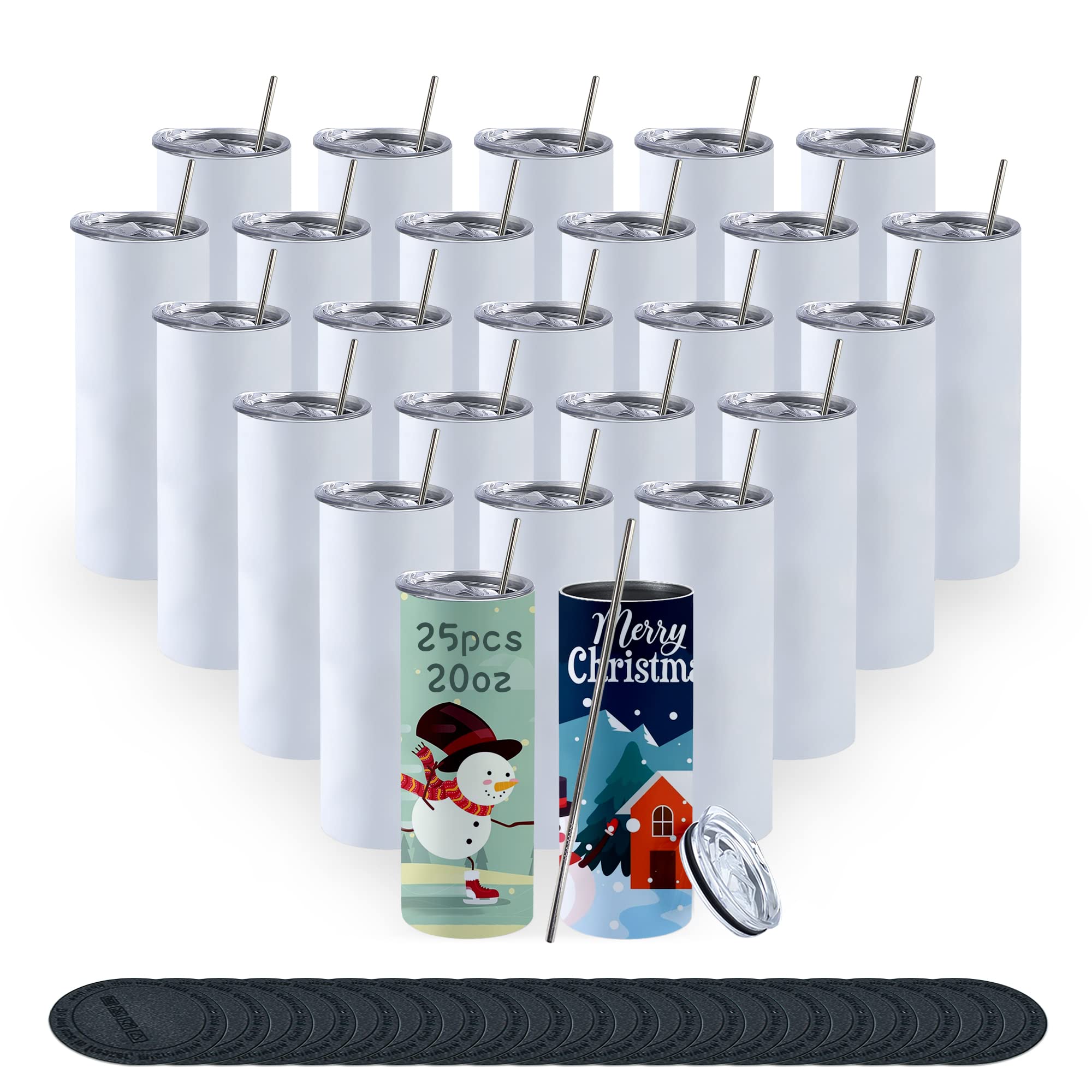 25Pcs 20oz Sublimation Tumblers - Skinny Straight Stainless Steel Double Wall Insulated Cups with Lids & Metal Straws | Bulk White Sublimation Blanks for DIY Crafting | Perfect for Custom Gifts, Promotional Events & Home Use (Individually Boxed)