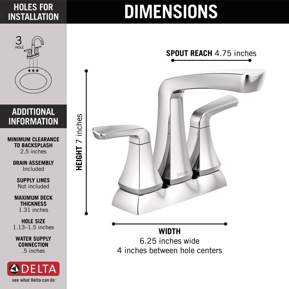 Delta Faucet Vesna Centerset Bathroom Faucet Chrome - 2-Handle Bathroom Sink Faucet with Drain Assembly & Worry-Free Drain Catch - Model 25789LF - Perfect for Modern Bathrooms, Guest Baths & Powder Rooms