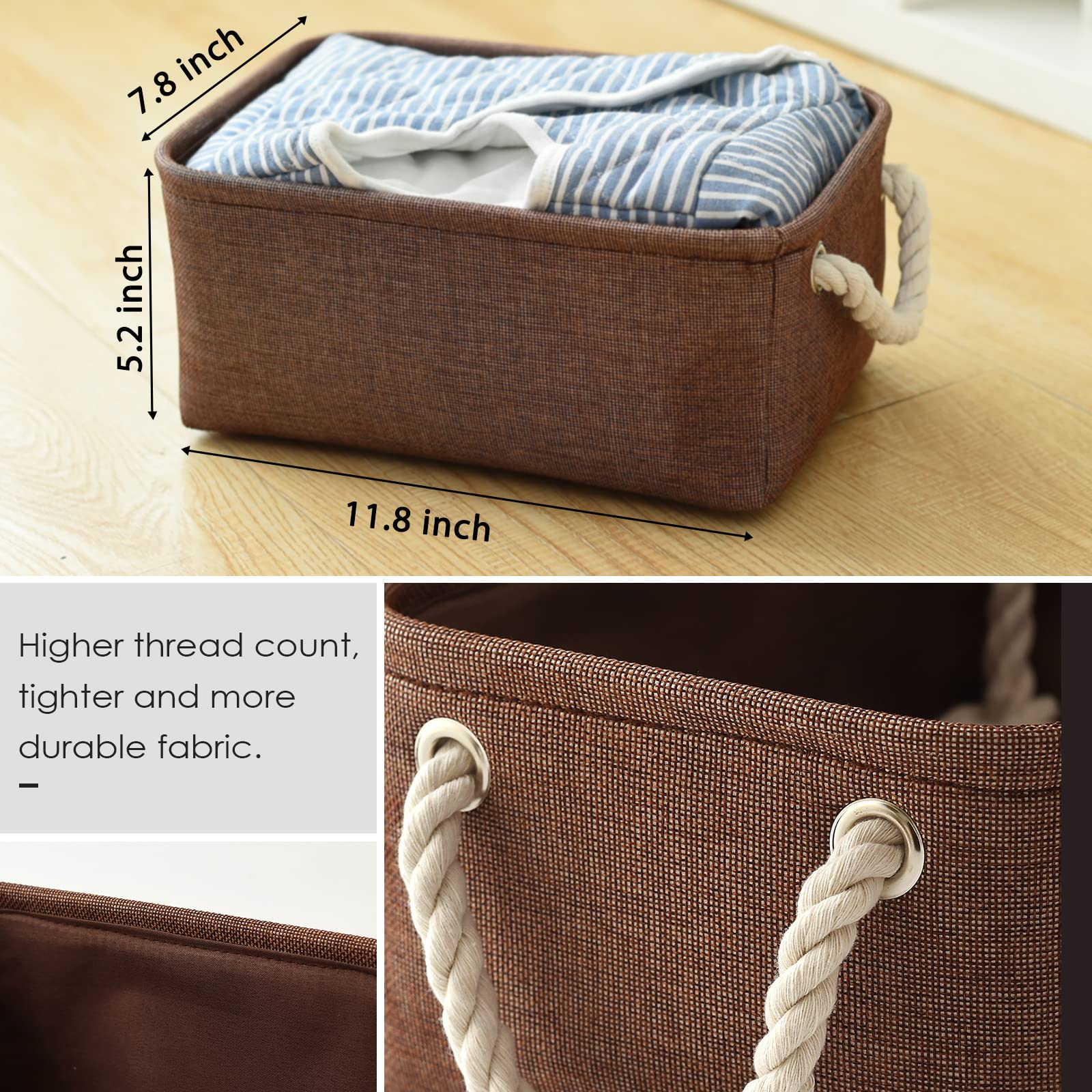 Small Foldable Fabric Storage Basket with Cotton Rope Handles - Dog Toy Organizer, Home Decor Gift Basket (11.8×7.9×5.2 inches, Brown) - Perfect for Nursery, Bathroom & Closet Organization