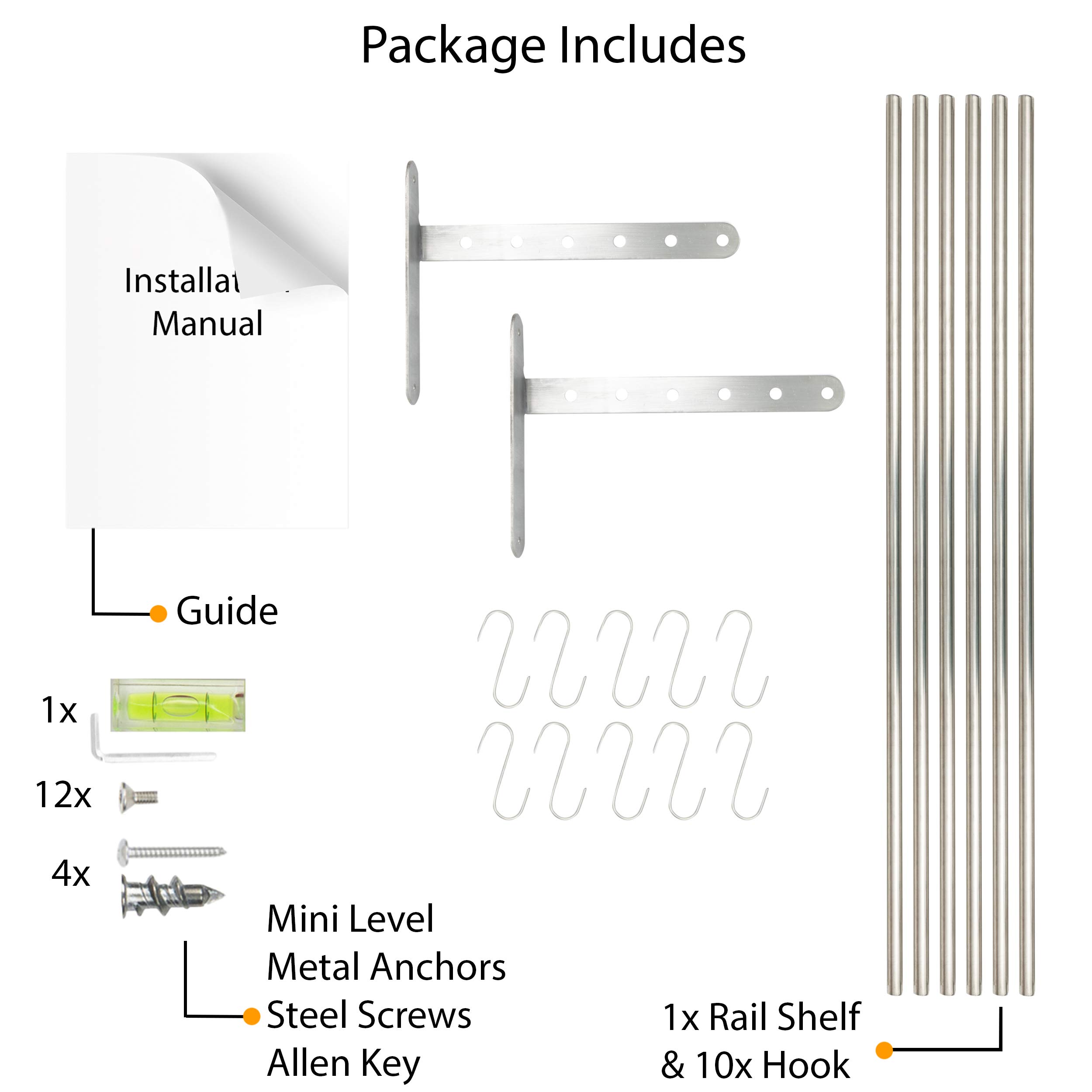 Wallniture Lyon Stainless Steel Wall Mounted Kitchen Shelf with 10 S-Hooks - Pot Rack Organizer for Cookware Storage - Space Saving Solution for Small Kitchens & Pantries (Chrome Finish) - Perfect for Hanging Pots, Pans, Utensils & Kitchen Accessories