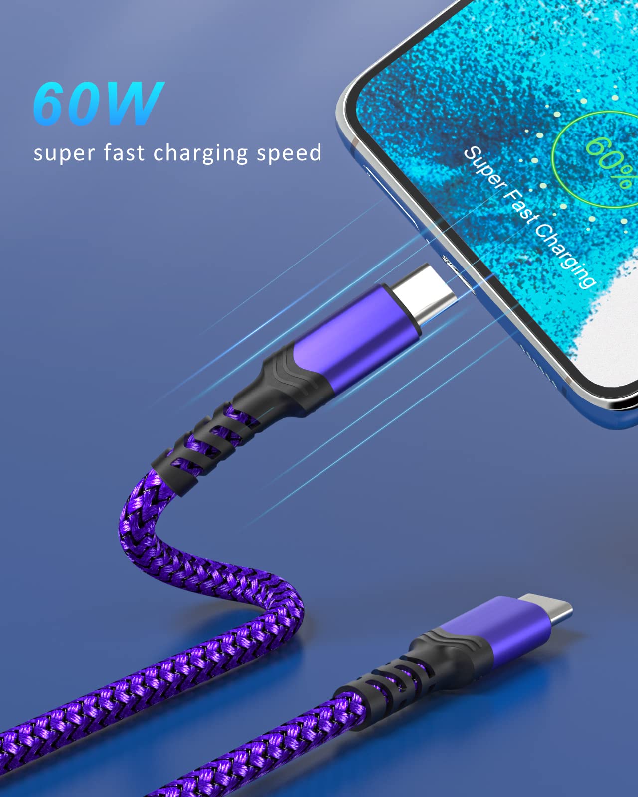 10ft 2-Pack USB C to USB C Cable Fast Charging 60W/3A - Compatible with Galaxy S24/S23/S22 Ultra/S21, iPhone 16/15 Pro Max, iPad Pro/Air5, Pixel 7 - Purple & Green for Home, Office, Travel Charging