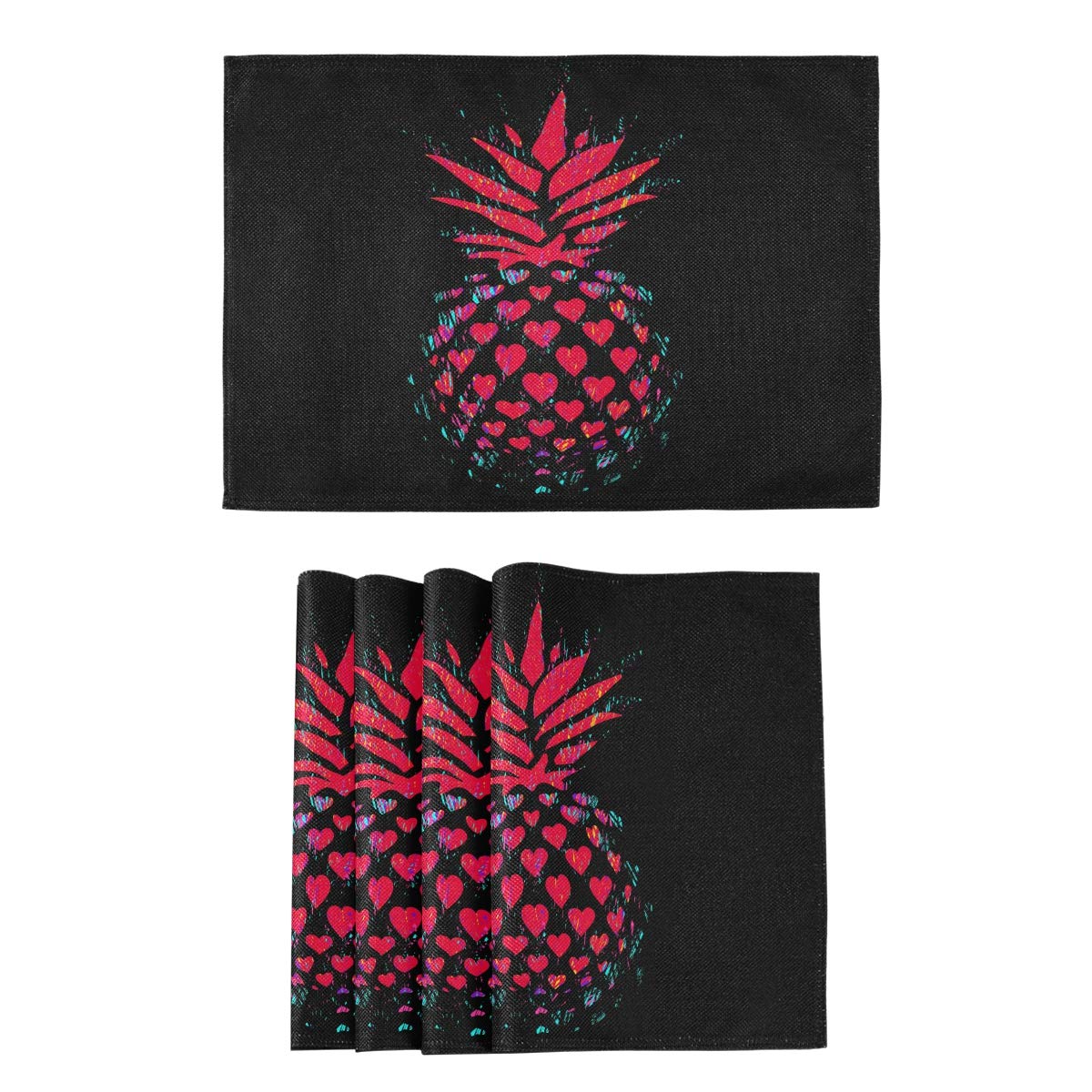 Oarencol Red Pineapple Hearts Black Valentine's Day Fruit Placemats Set of 4 - Heat-Resistant, Washable Kitchen Table Mats for Dining Table Decor | Perfect for Valentine's Dinner, Romantic Date Nights & Holiday Home Decor