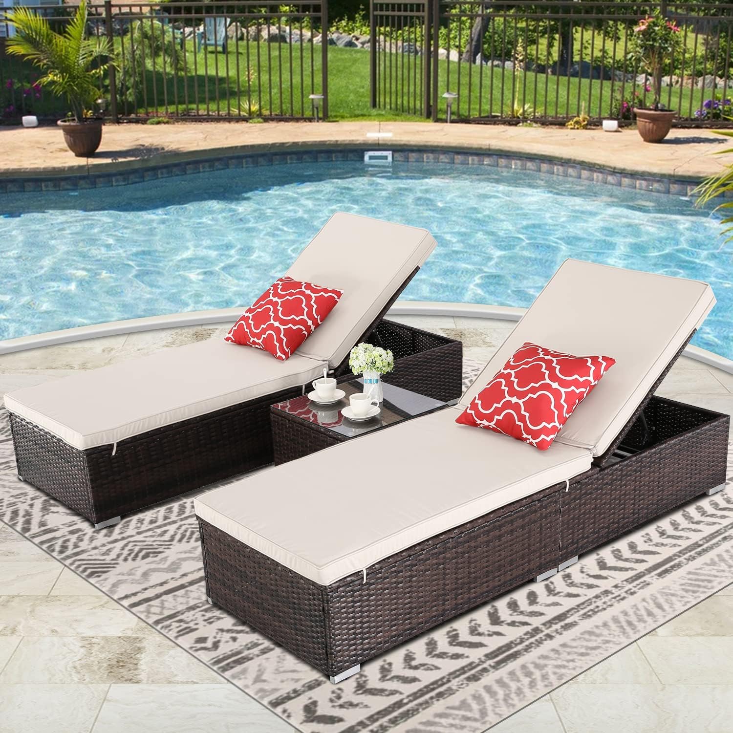 Adjustable PE Rattan Chaise Lounge Chairs Set of 2 with Cushions - Do4U Patio Pool Lounge Chairs for Beach, Backyard, Garden & Outdoor Relaxation