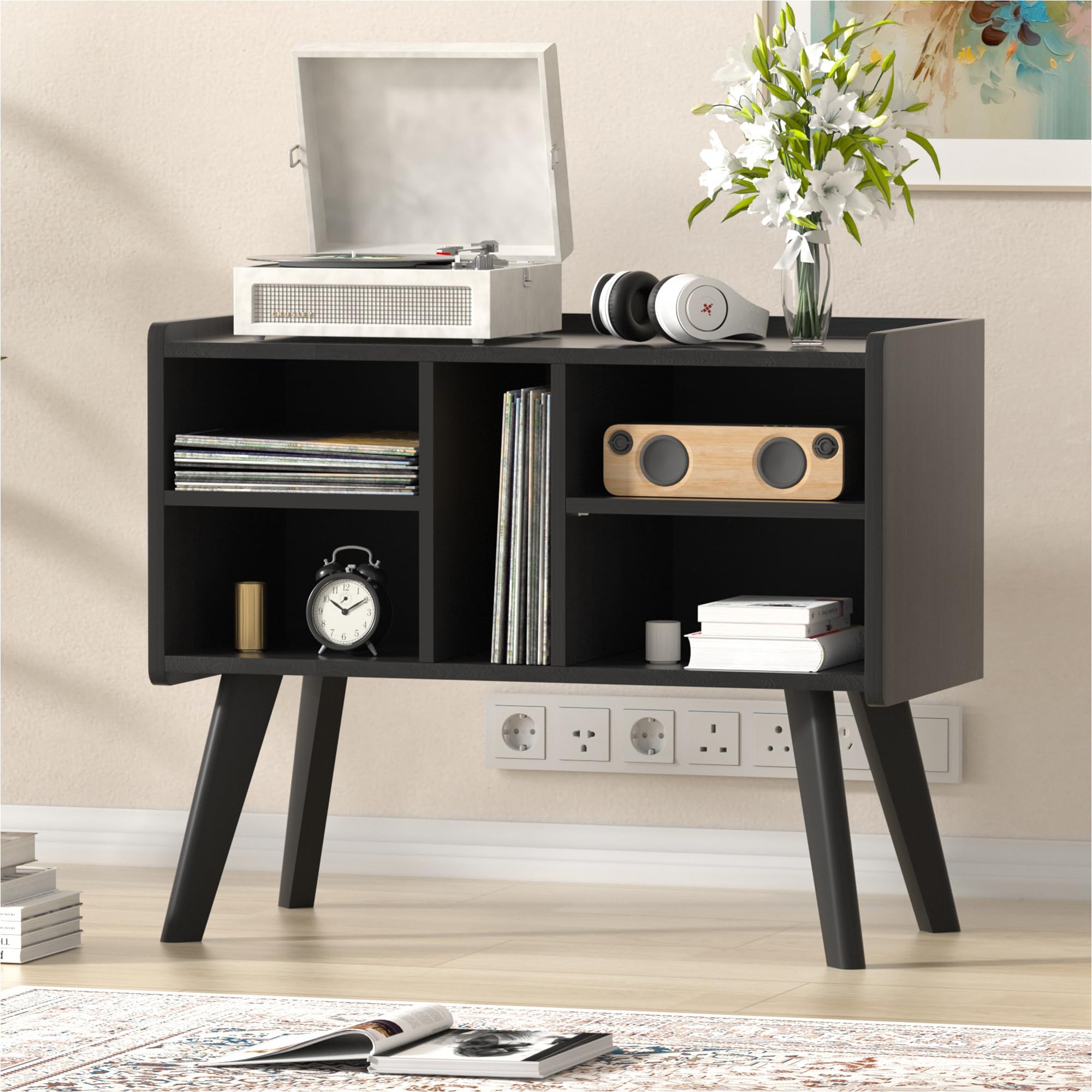 Forevich Large Vinyl Record Player Stand with Storage Cabinet - Holds 220+ Albums, Wooden Legs & Built-in Power Outlet - Turntable Shelf for Living Room, Home Theater & Music Studio (Black)