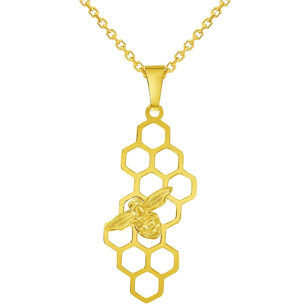 14K Yellow Gold Honey Bee on Honeycomb Pendant Necklace - Cable, Curb & Figaro Chain Options - Perfect for Nature Lovers, Gifts & Everyday Wear