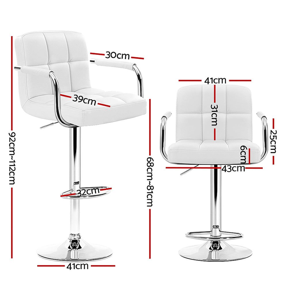 4 Bar Stools with Leather Upholstery, Gas Lift Mechanism & Armrests in White - Perfect for Kitchen Island, Dining Room & Home Bar