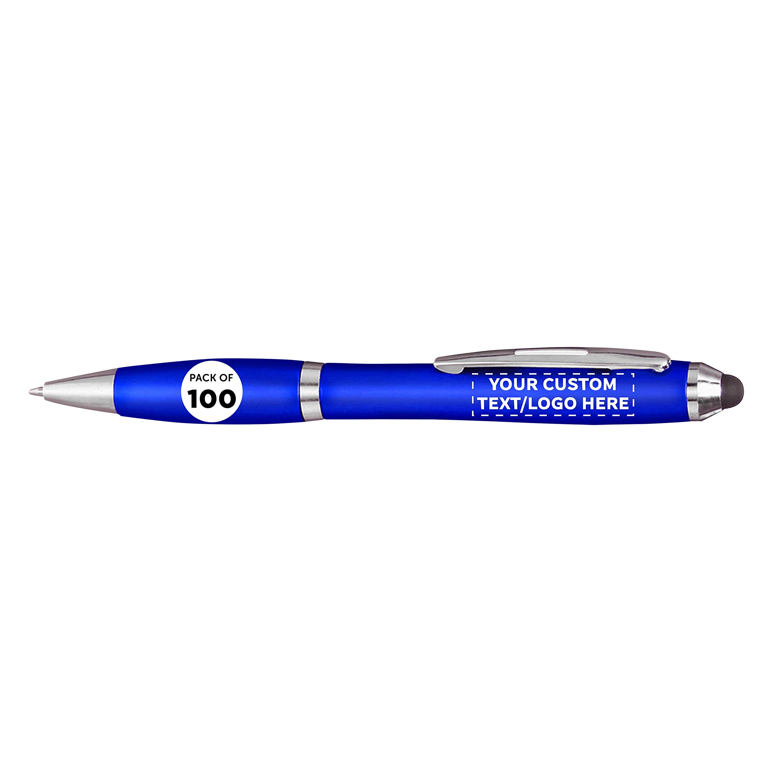 Custom Plastic Stylus Pens Bulk Pack of 100 - Personalized Black Ink Pens for Office, School & Business - Promotional Giveaways for Tradeshows & Events - Perfect for Signing Documents, Note Taking & Digital Devices (Blue)