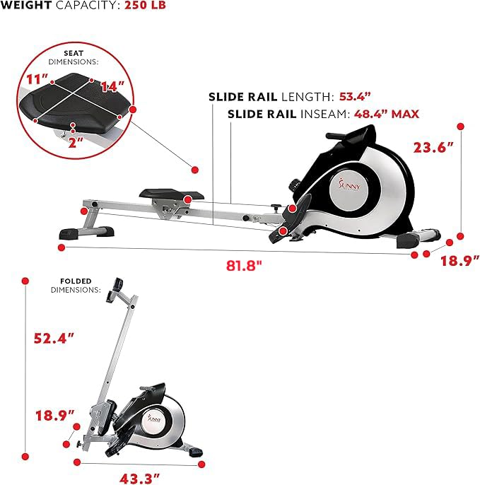 Sunny Health & Fitness SF-RW520084S Magnetic Rowing Machine with 8-Level Adjustable Resistance, 53.4