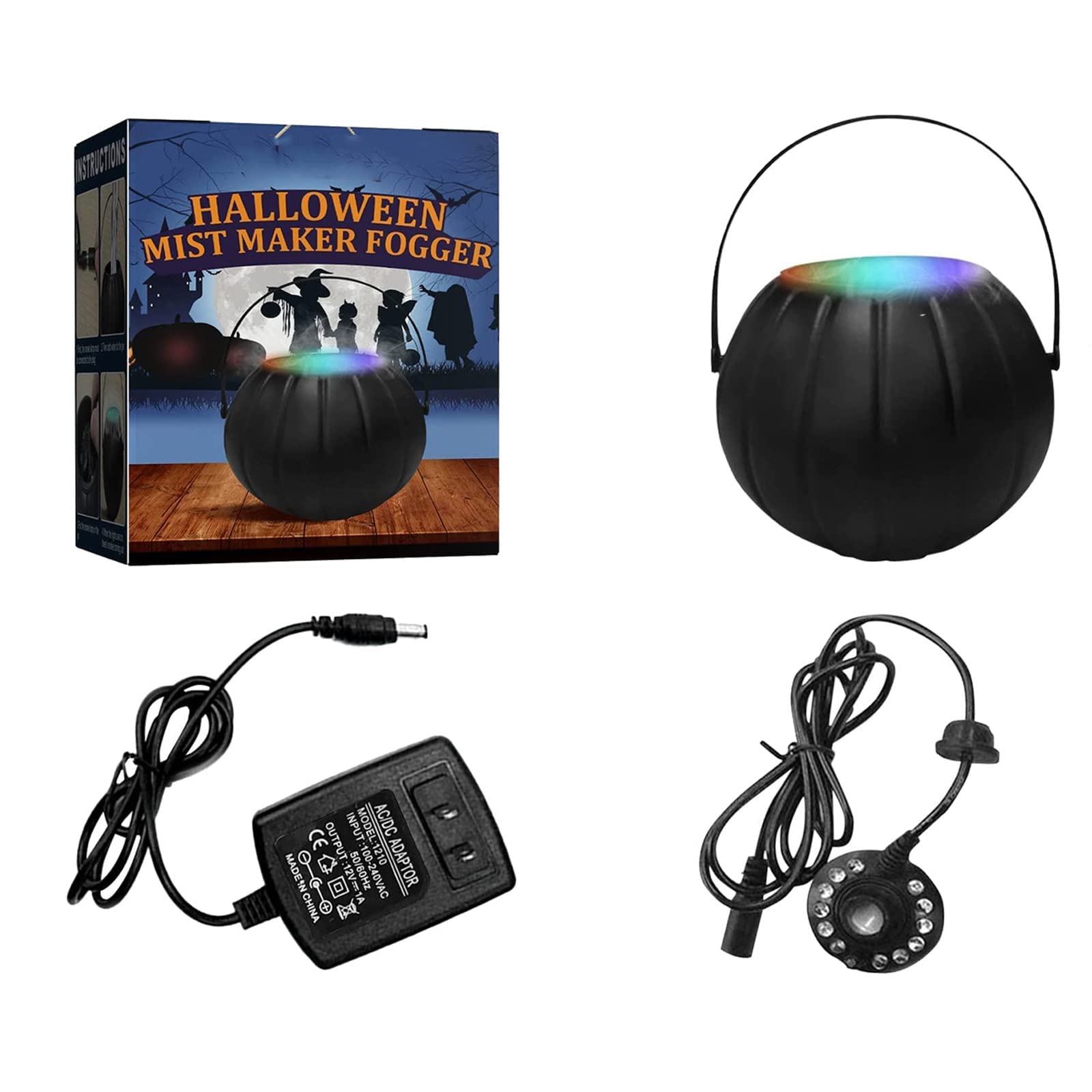 WICKYPRINCE Halloween Witch Cauldron with LED Color Changing Fogger - Black Mist Maker Punch Bowl for Witch Party Decor (12 Light Modes) - Perfect for Halloween Decorations, Themed Parties & Spooky Home Atmosphere