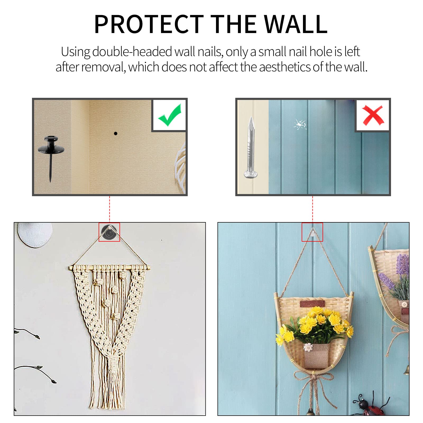 Double-Headed Wall Nails for Hanging Pictures & Decor - 60 Pcs Black/Silver/Gold Push Pin Hangers - Perfect for Drywall, Cork Boards & Photo Displays in Home & Office