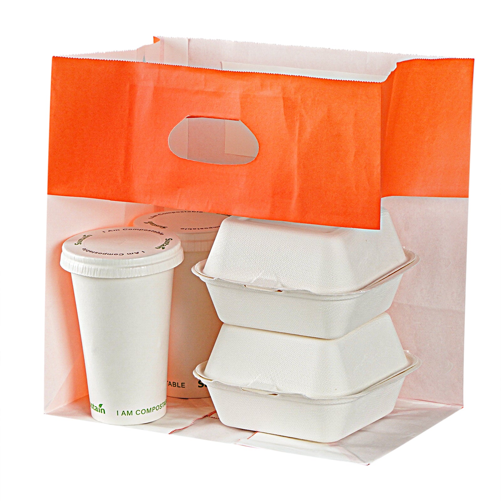 Eco-Friendly Rectangle Tangerine Orange Paper Take Out Bags with Handles - 11 x 7 x 11 Inches (100 Count) - Perfect for Restaurants, Cafes & Catering Businesses