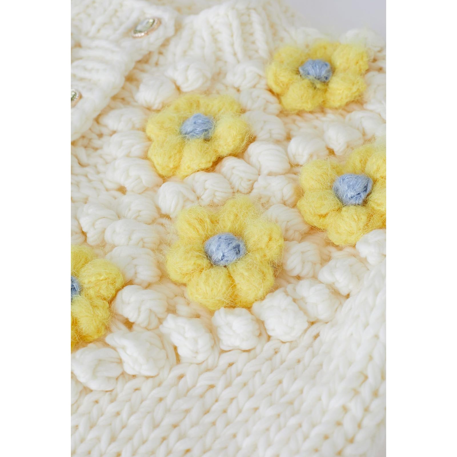Chicwish Women's Yellow Stitch Floral Pom Pom Knit Cardigan Sweater - Cozy Fall Layering Piece for Casual Outfits & Autumn Photoshoots