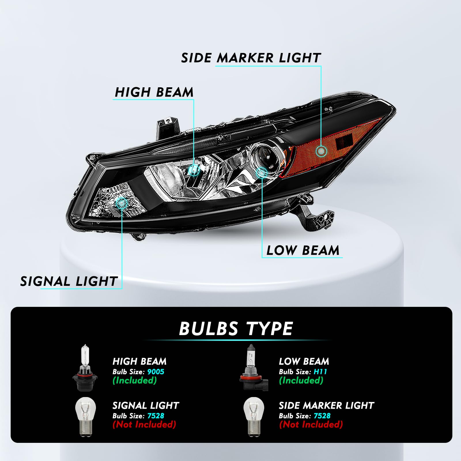 Honda Accord 2008-2012 Coupe Headlight Assembly Pair with Bulbs - OEM Style Projector Headlamps (Black Housing & Amber Reflector) - Perfect for Night Driving & Car Upgrades
