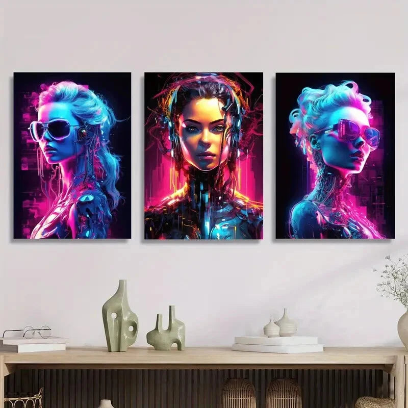 3-Piece Colorful Female Humanoid Robot Portrait Metal Wall Art - Ready to Hang, Modern Home Decor for Living Room, Bedroom & Office