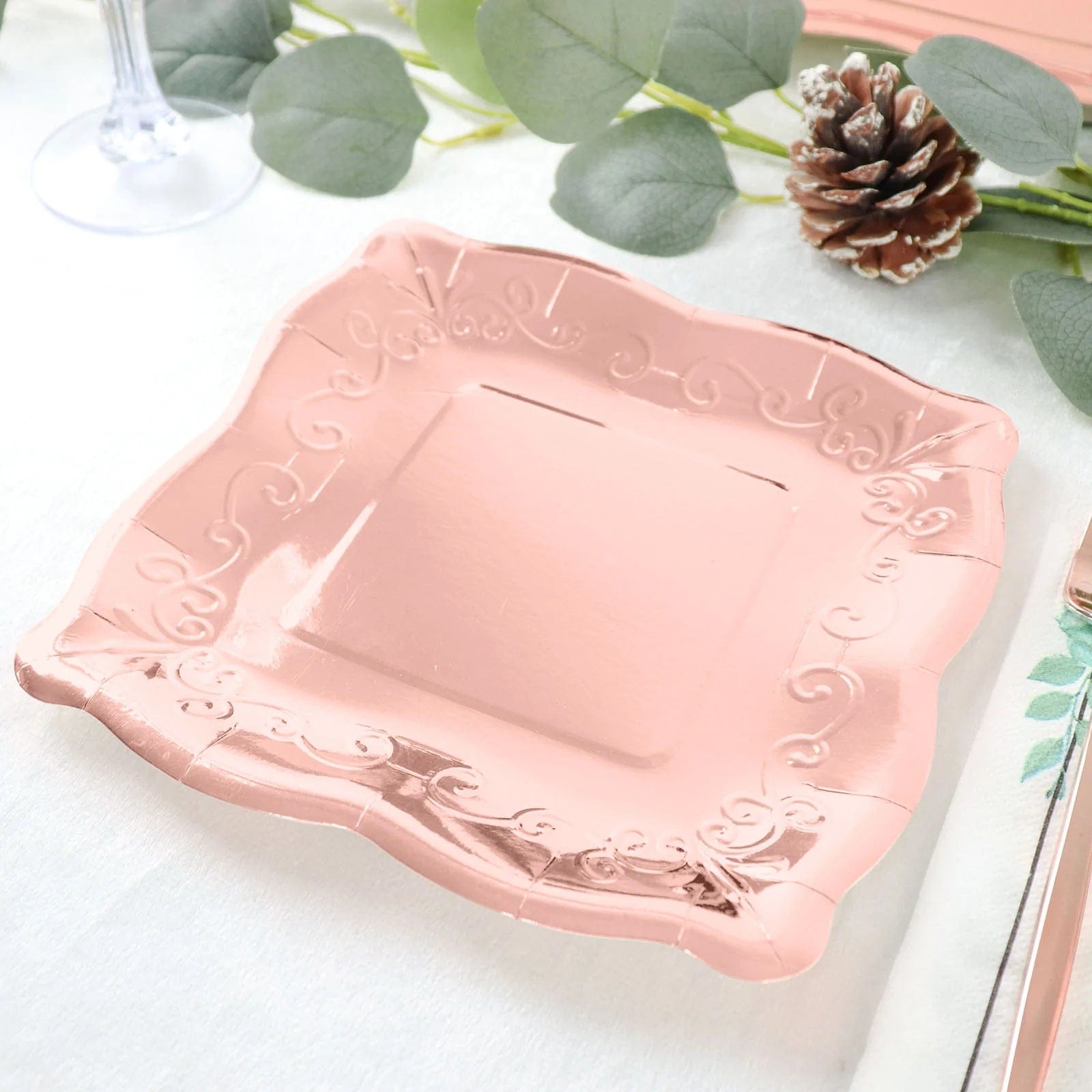 25 Pack Square Disposable Dessert Plates with Elegant Scroll Design - Perfect for Parties, Weddings, and Dinner Events