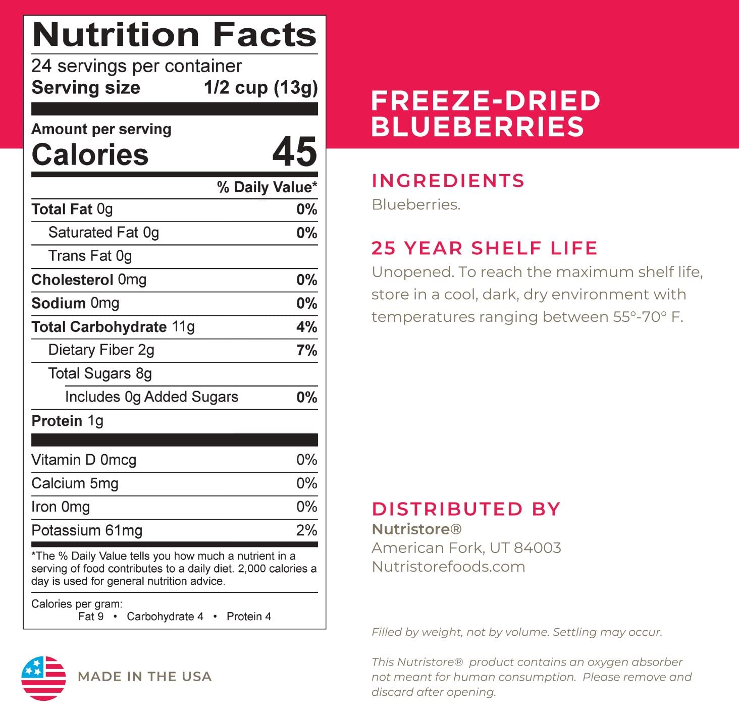 Nutristore Freeze Dried Blueberries 4 Pack - #10 Can Fruit | Healthy Low Carb Snacks | Emergency Food Storage with 25 Year Shelf Life | Perfect for Camping, Hiking & Survival Kits